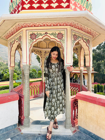 Olive floral Anarkali suit set