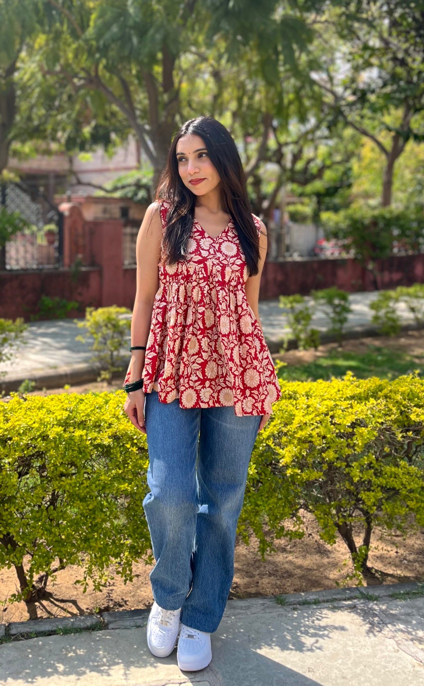 Red sunflower Cut Sleeve peplum top