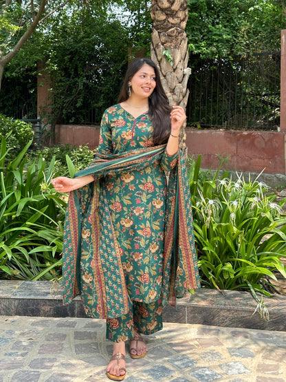 Green Maroon Floral Straight Suit Set