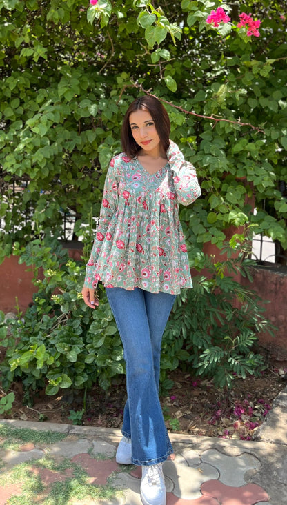 Soft Rose Green full sleeves peplum top