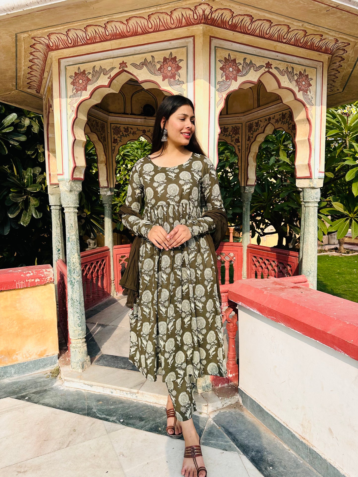 Olive floral Anarkali suit set