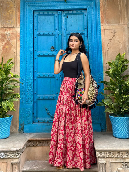 Pink floral flared skirt