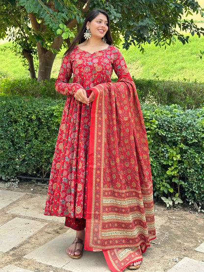 Floral booti Red Anarkali suit set