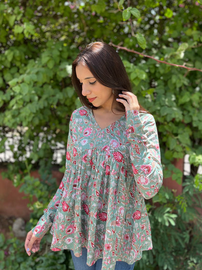 Soft Rose Green full sleeves peplum top