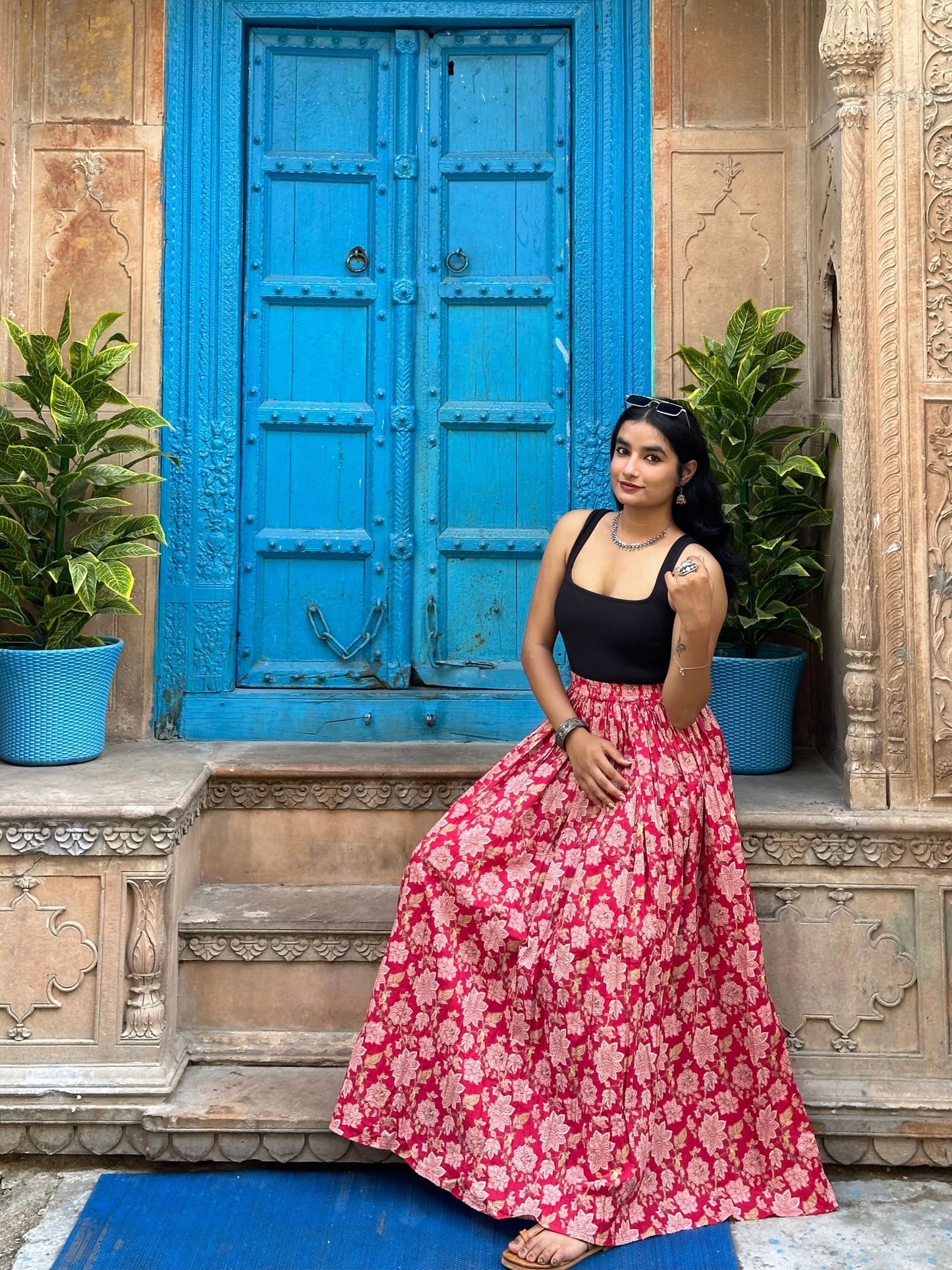 Pink floral flared skirt