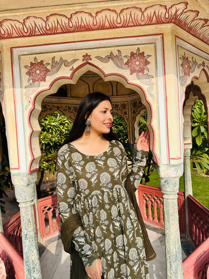 Olive floral Anarkali suit set