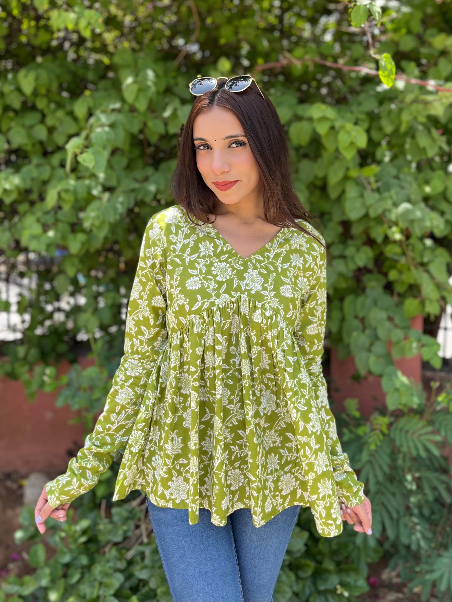 Floral green full sleeves Peplum top