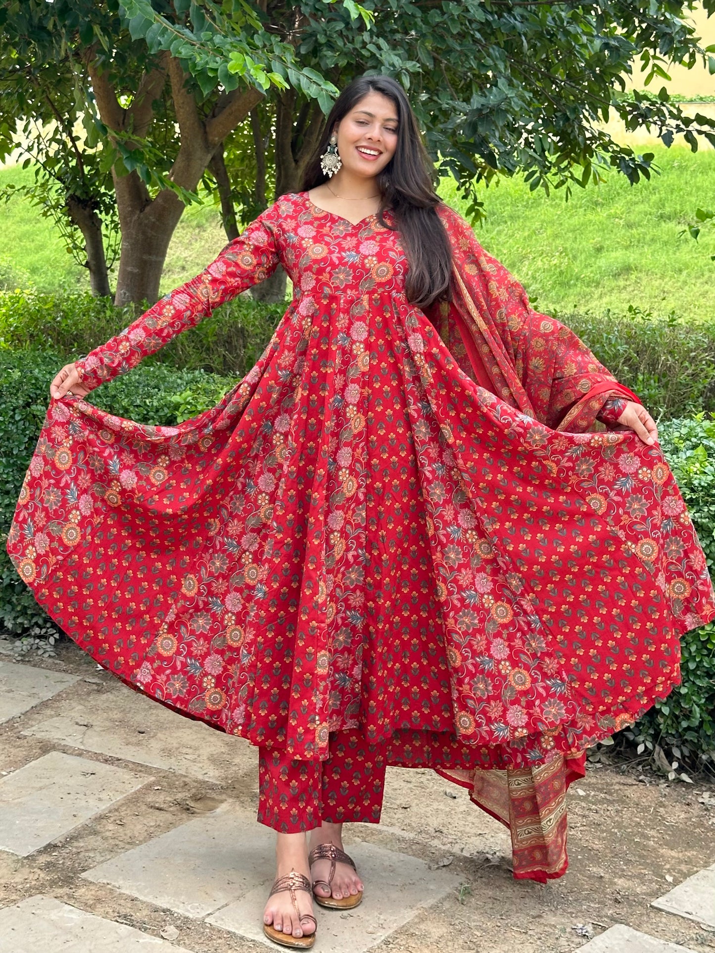 Floral booti Red Anarkali suit set