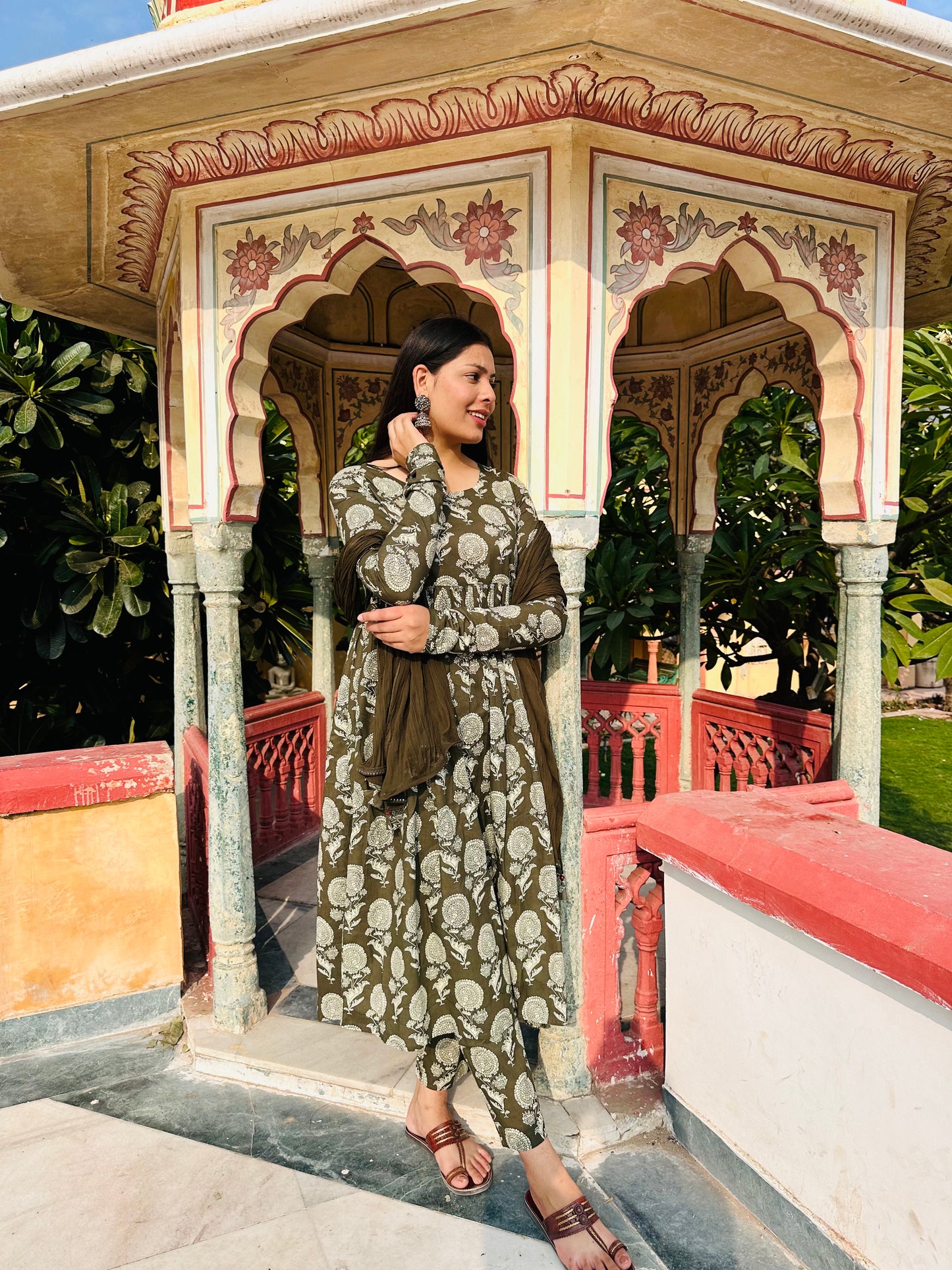 Olive floral Anarkali suit set