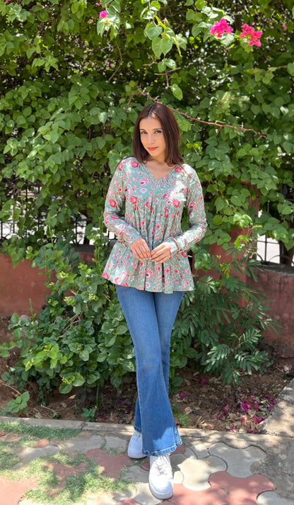 Soft Rose Green full sleeves peplum top