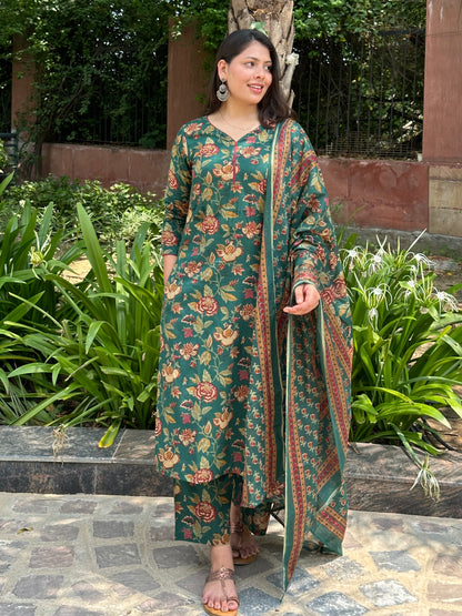 Green Maroon Floral Straight Suit Set