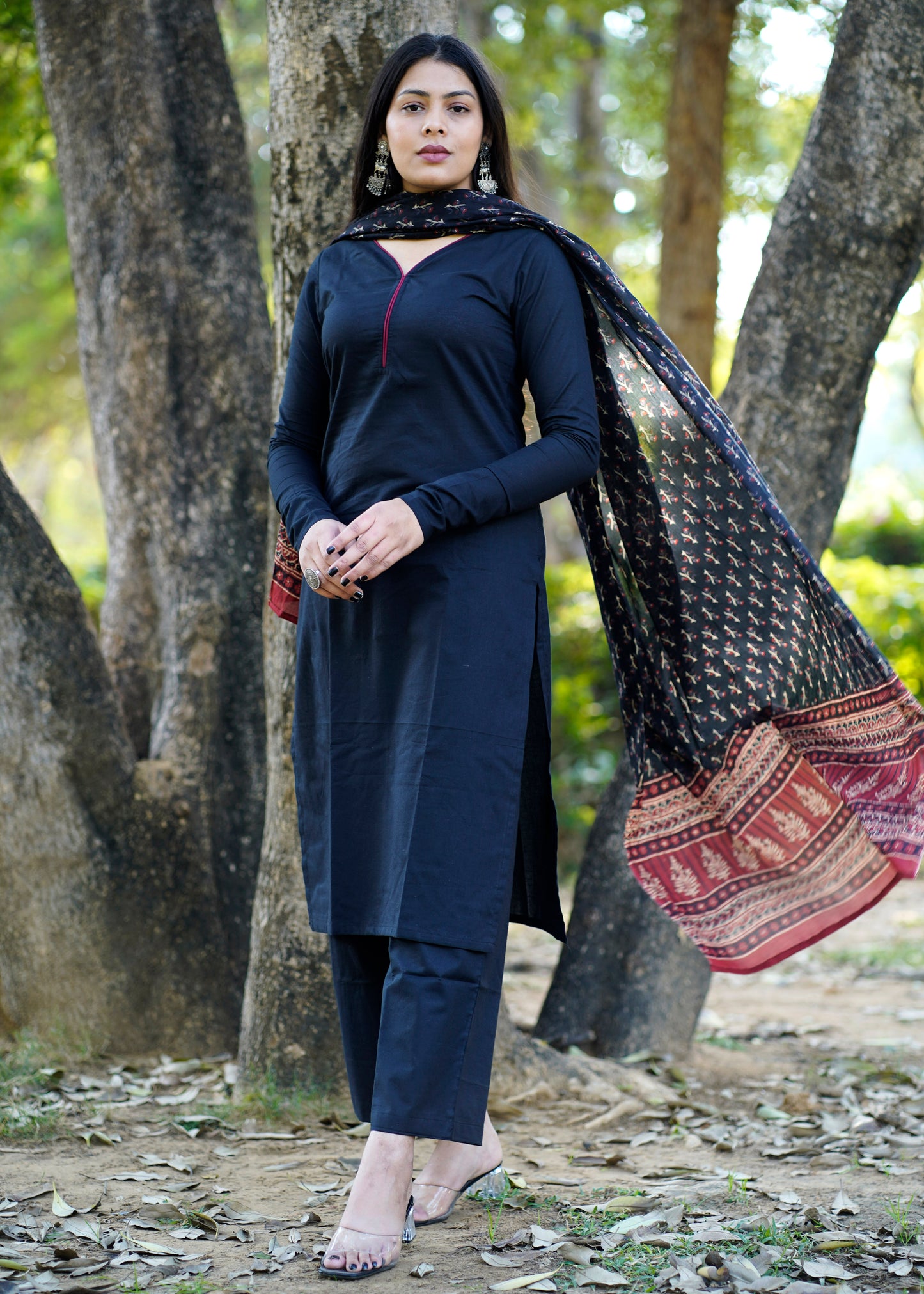 Solid black kurta set with dupatta