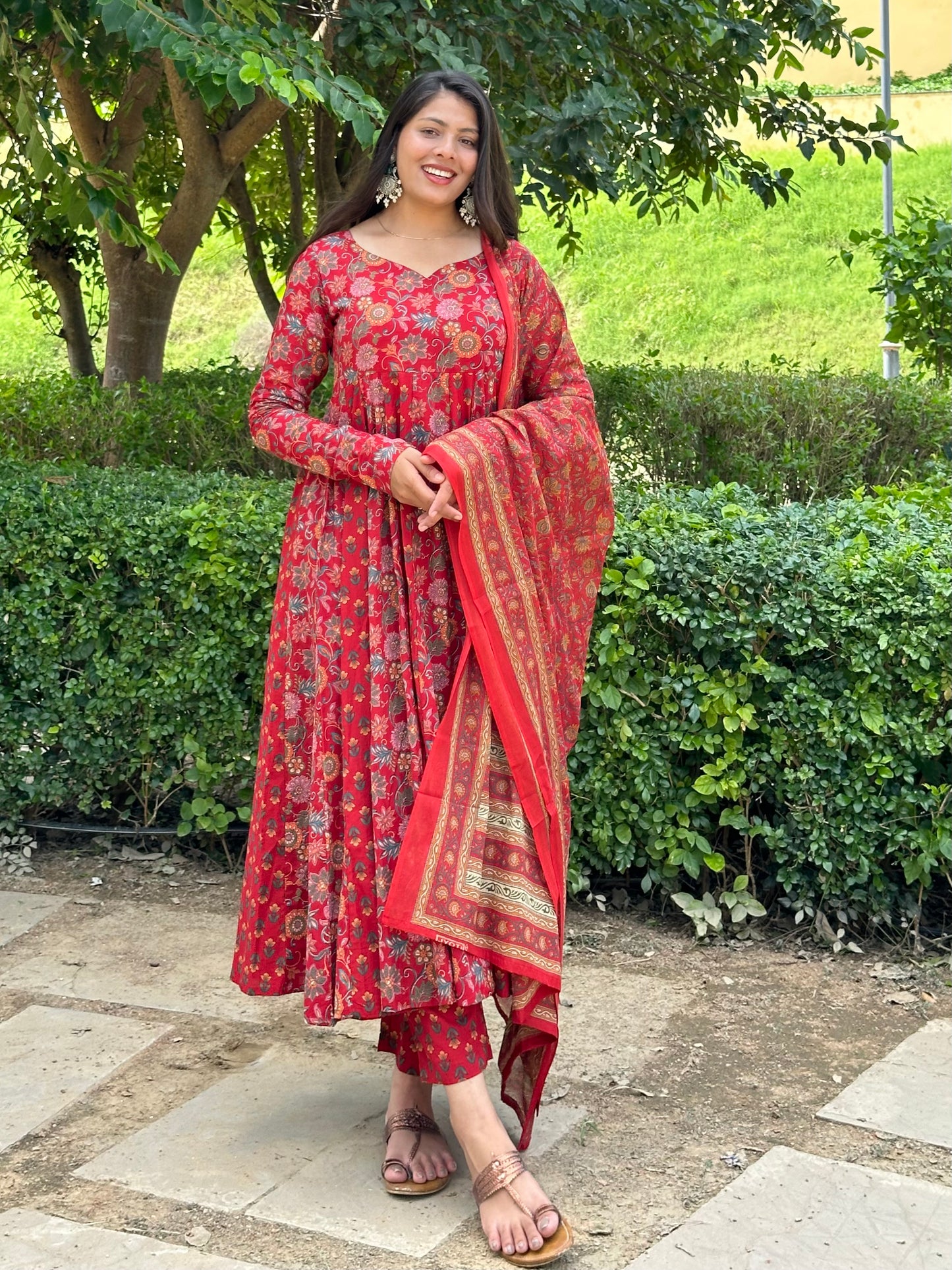 Floral booti Red Anarkali suit set