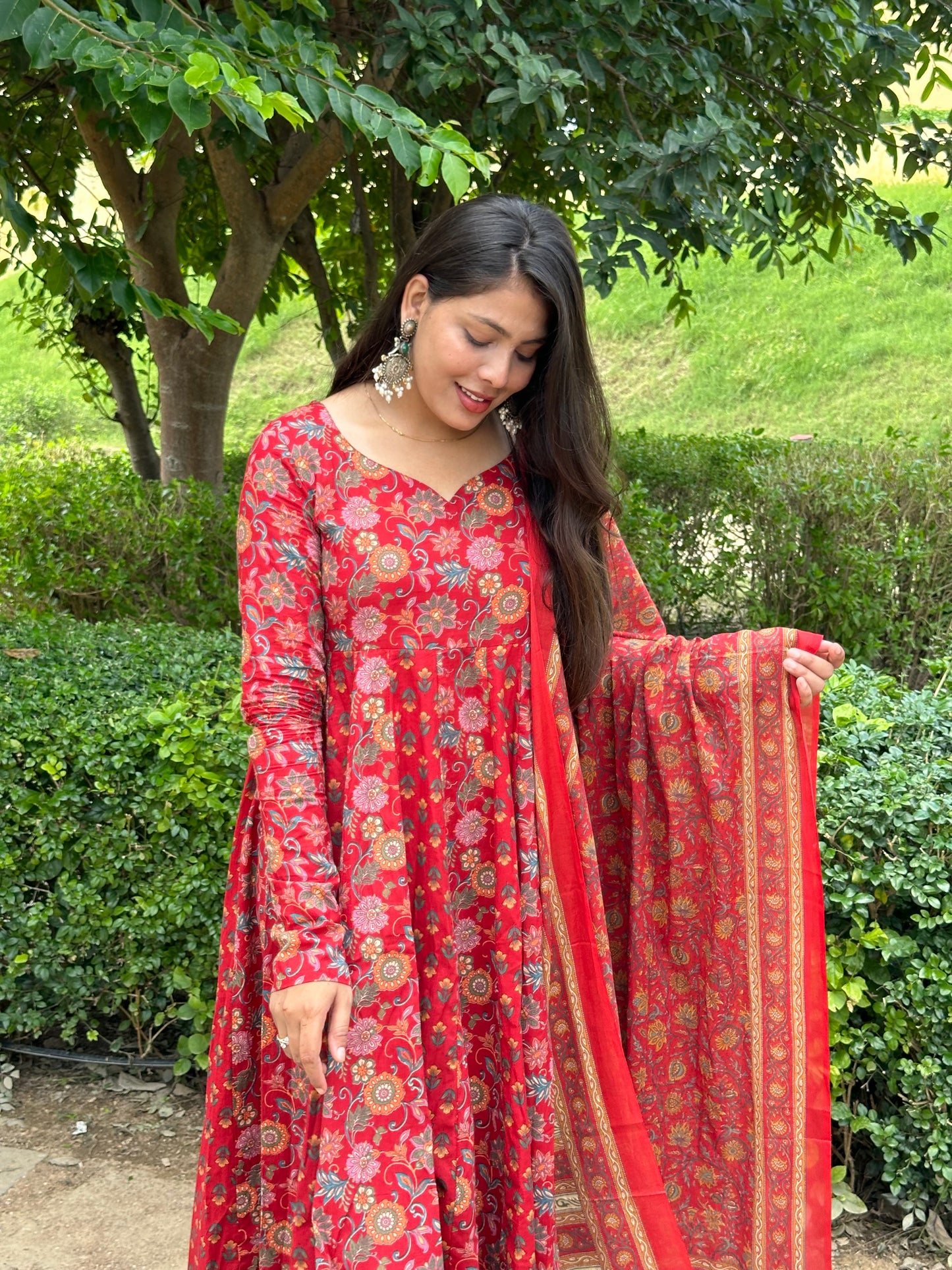 Floral booti Red Anarkali suit set