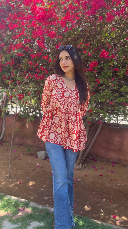 Red sunflower full sleeves peplum top