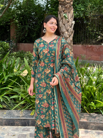 Green Maroon Floral Straight Suit Set