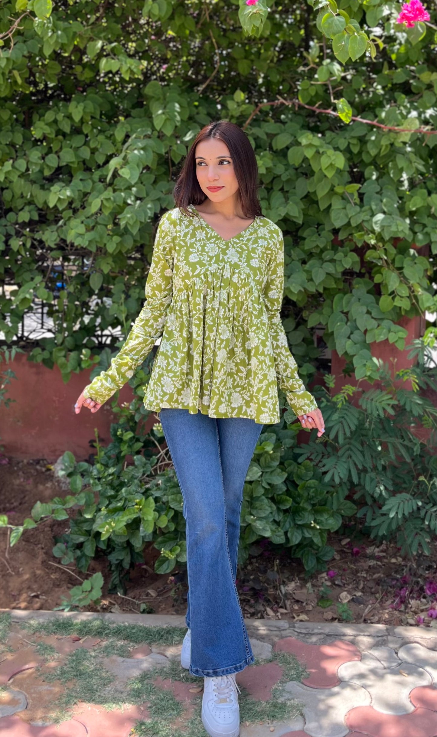 Floral green full sleeves Peplum top