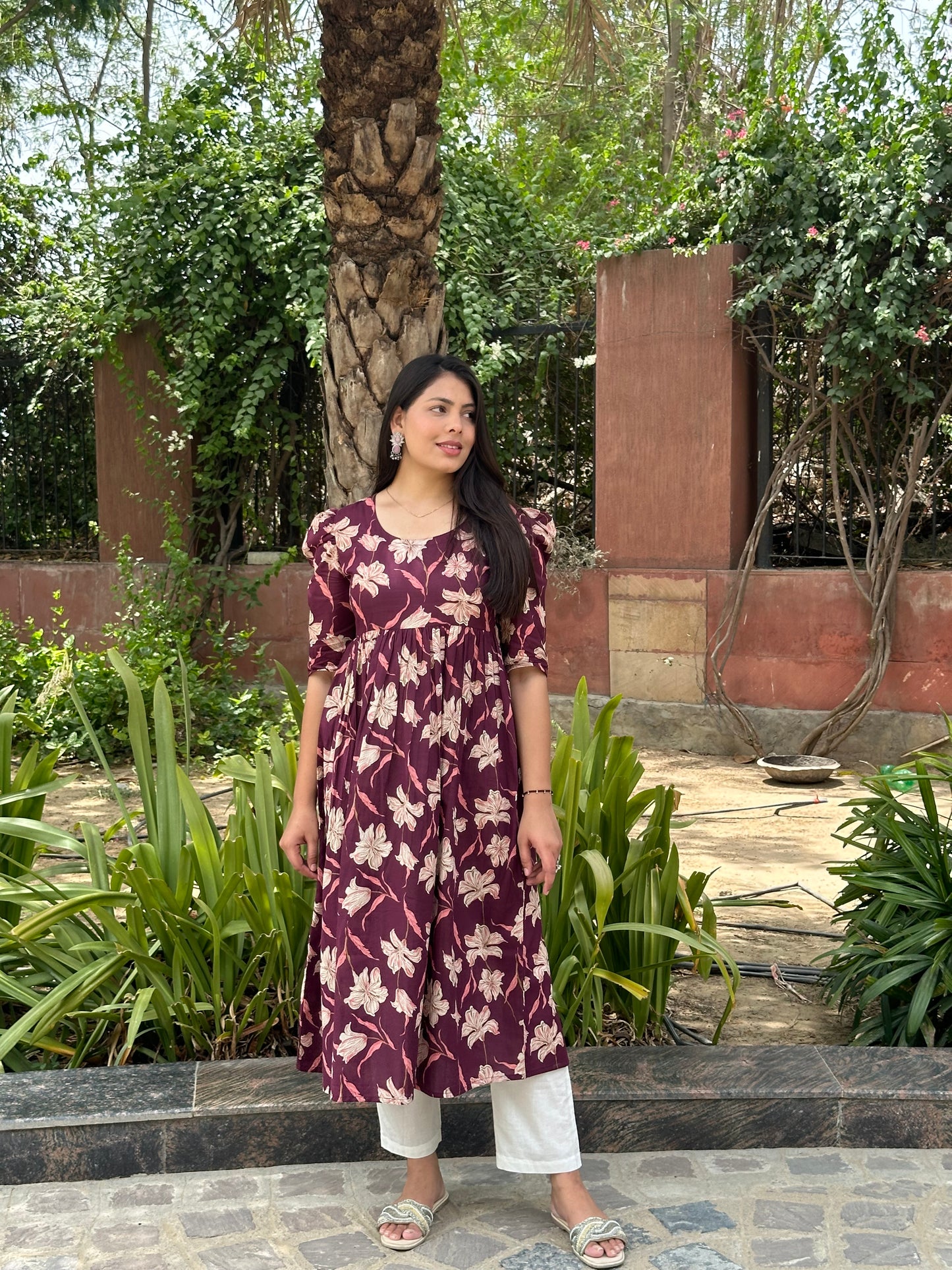 Floral wine printed kameez