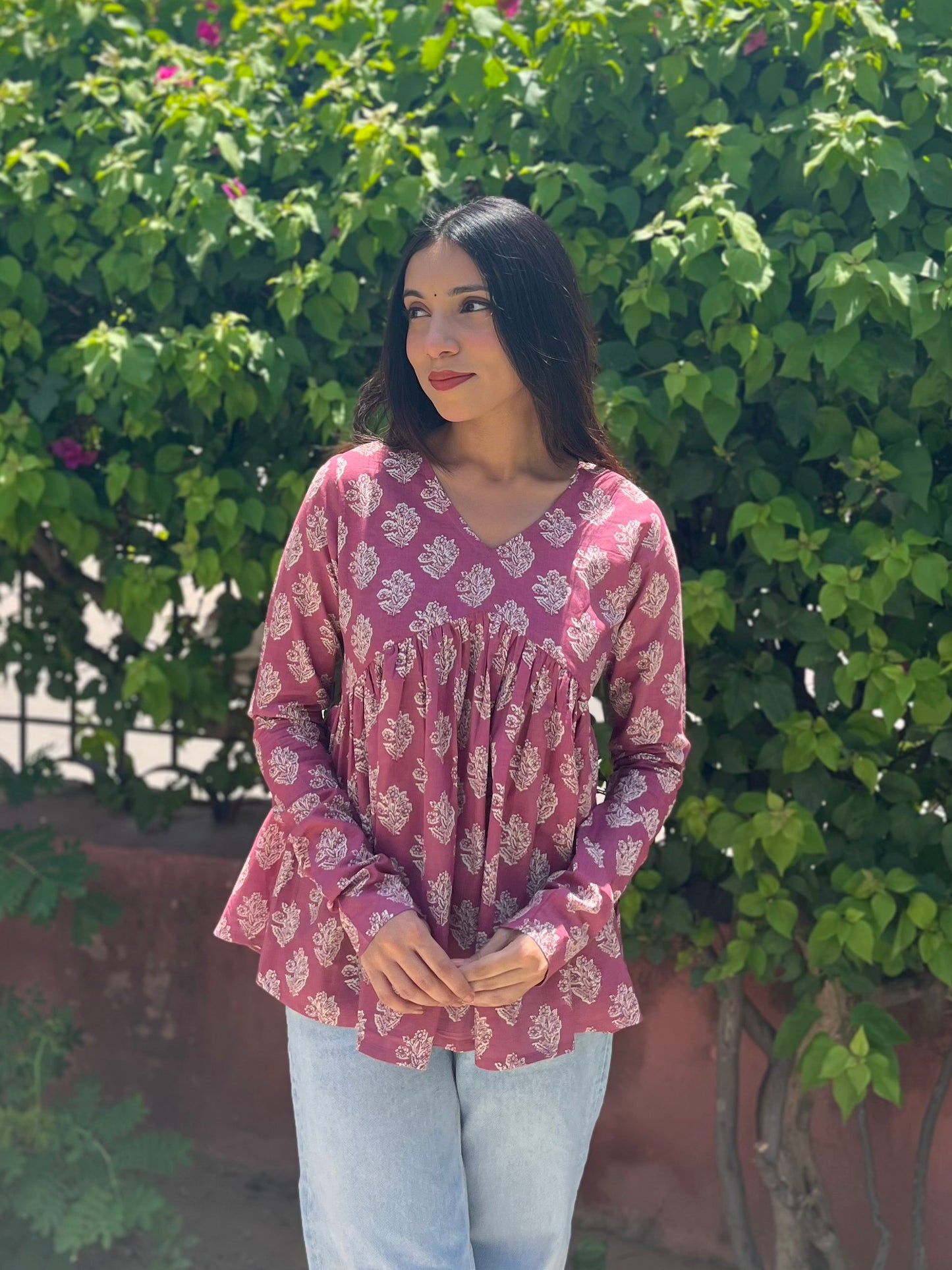 Pink block floral full sleeves Peplum top