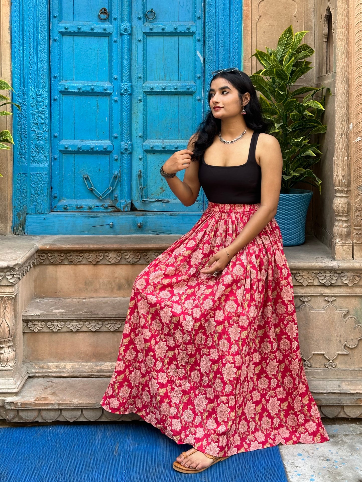 Pink floral flared skirt