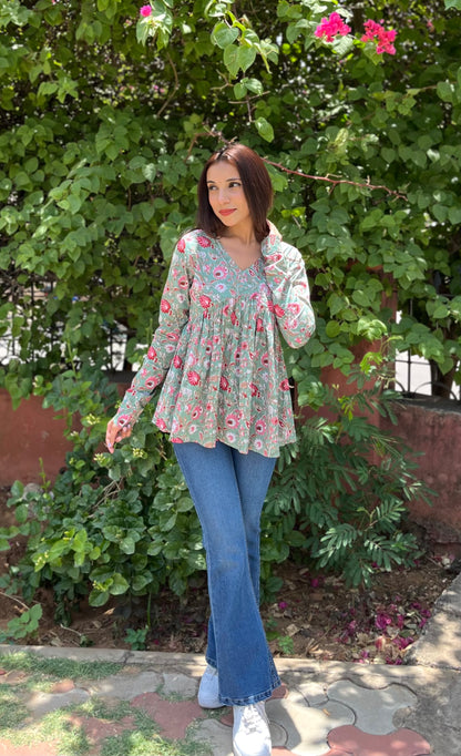 Soft Rose Green full sleeves peplum top