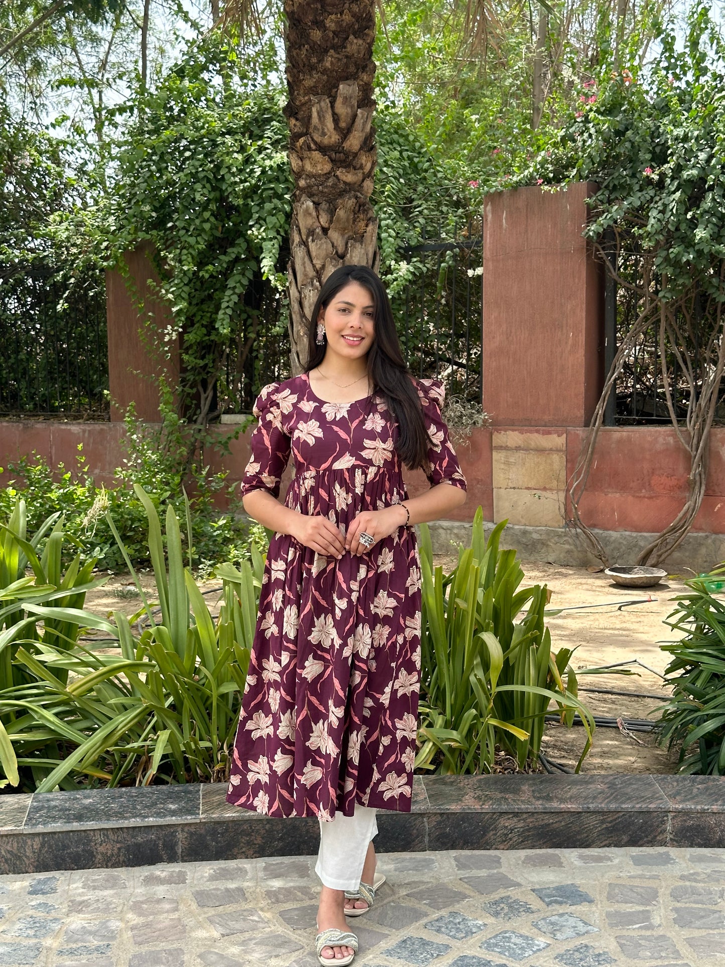 Floral wine printed kameez