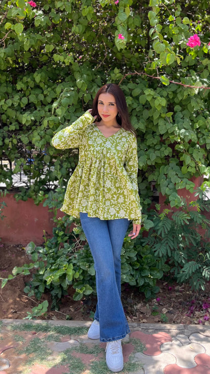 Floral green full sleeves Peplum top