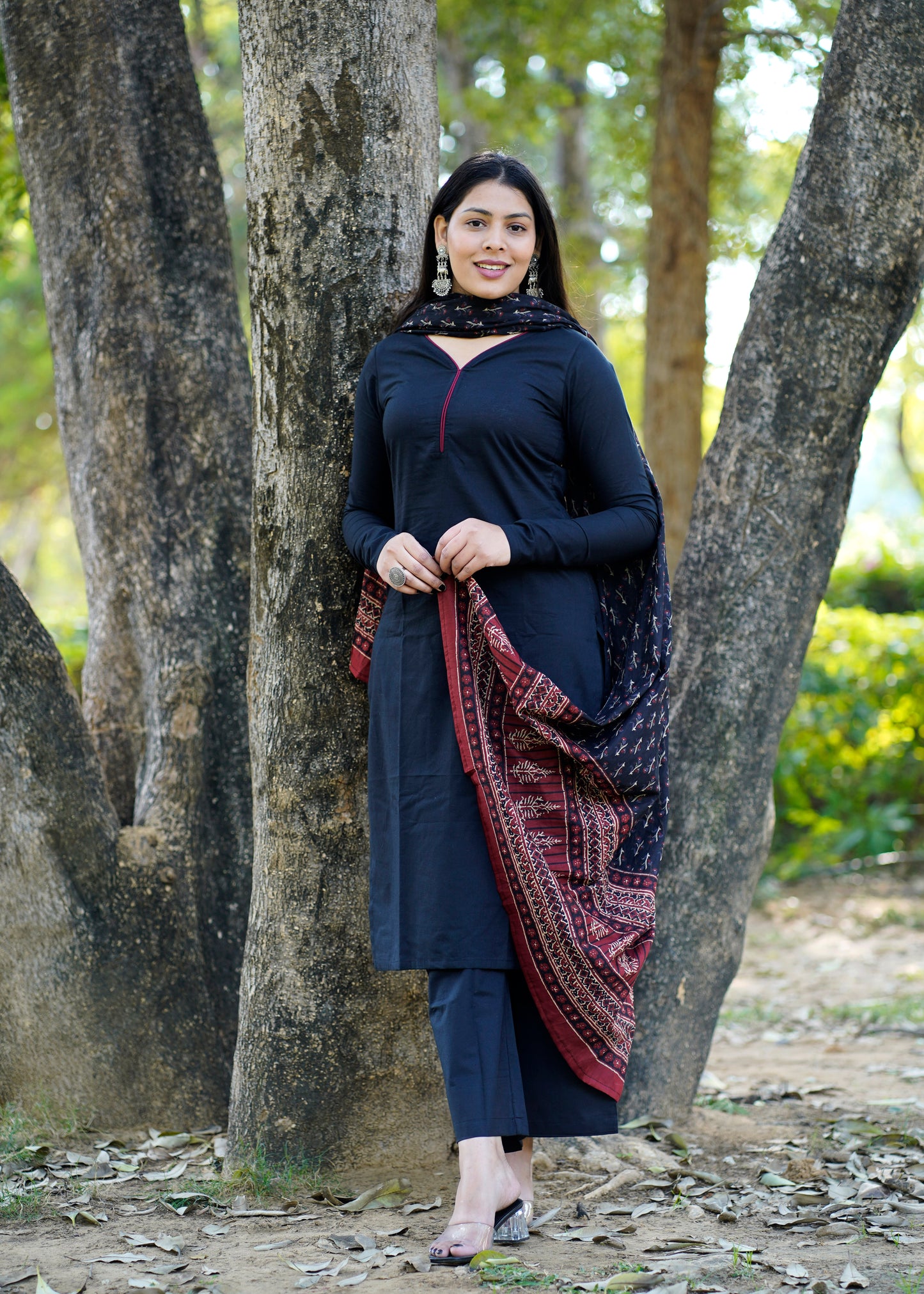 Solid black kurta set with dupatta